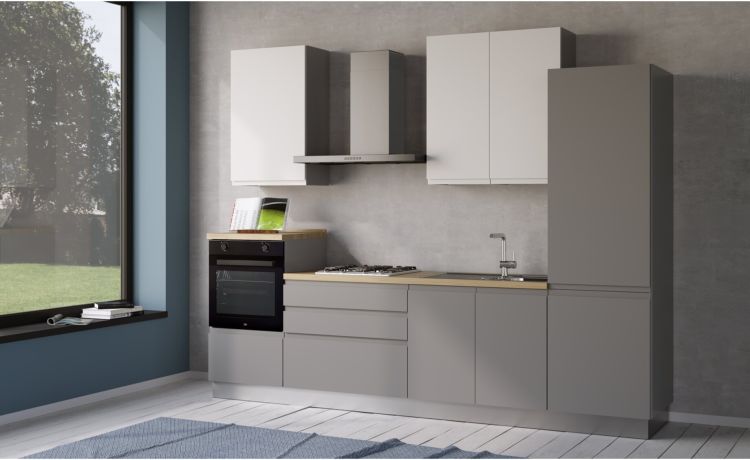 Iris cucina 300 cm colore grigio chiaro e bianco opaco  con frigo -3 elettrodomestici--Melaminico