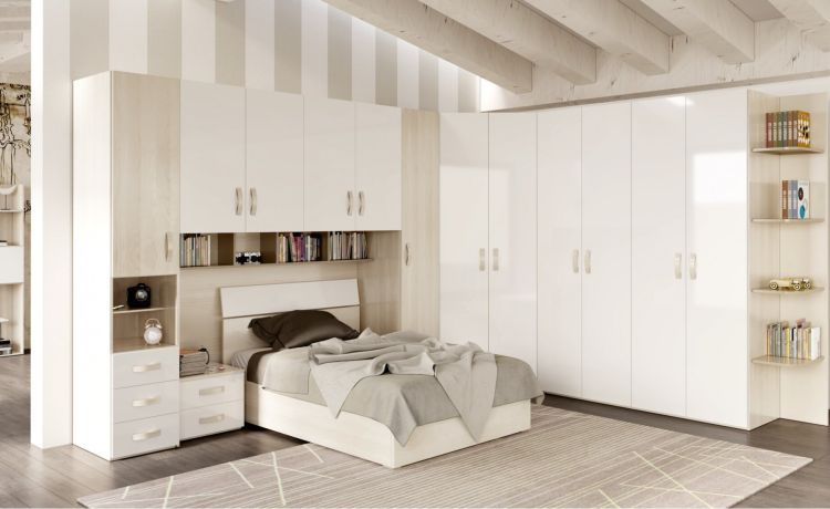York ponte 6 ante betulla e bianco lucido-Con 3 cassetti e 2 vani a giorno-Bianco-Pannello-238 cmx289 cm