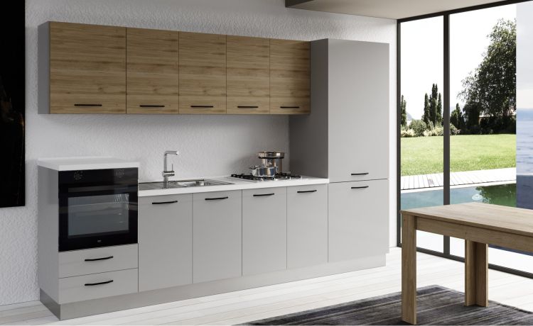 Gilda cucina 315 cm colore light grey e rovere cadiz-3 elettrodomestici, frigo da 400 lt-Grigio chiaro-Pannello-216 cmx315 cm