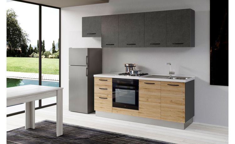 Gilda cucina 255 cm colore rovere cadiz e portland -3 elettrodomestici, frigo da 230 lt-Pietra scura-Pannello