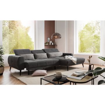 Arno divano relax con penisola in tessuto antracite-Seduta relax elettrico allungabile-Grigio scuro-Tessuto-80 cmx288 cm