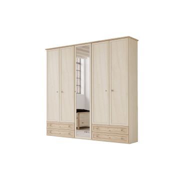 Susy armadio 5 ante battenti e 4 cassetti betulla con specchio-In pannello ecologico certificato-Legno naturale-Pannello ecologico-241 cmx216 cm