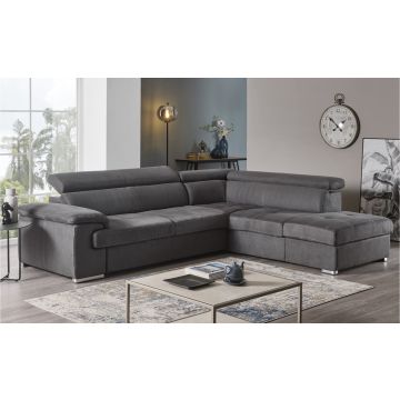 Neil divano angolare in tessuto antracite-Panchetta relax estraibile e contenitore-Grigio scuro-Tessuto-205 x 125 cm