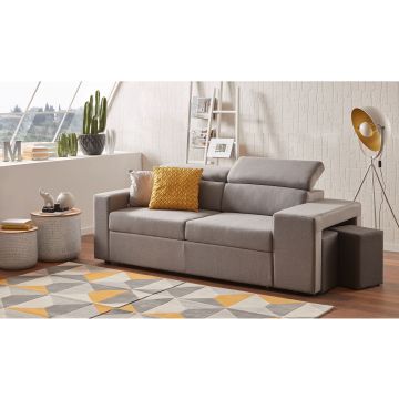 Oliver divano letto in tessuto grigio-Panchetta relax estraibile e pouf laterale-Grigio-Tessuto-102 cmx201 cm