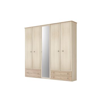 Susy armadio 5 ante battenti cassettone a sinistra con specchio-In pannello ecologico certificato-Legno naturale-Pannello ecologico-241 cmx216 cm