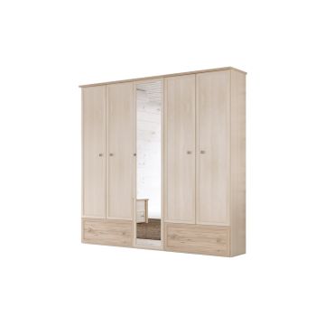 Susy armadio 5 ante battenti e 2 cassetti betulla con specchio-In pannello ecologico certificato-Legno naturale-Pannello ecologico-241 cmx216 cm