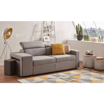 Oliver divano letto in tessuto grigio-Panchetta relax estraibile e pouf laterale-Grigio-Tessuto-102 cmx201 cm